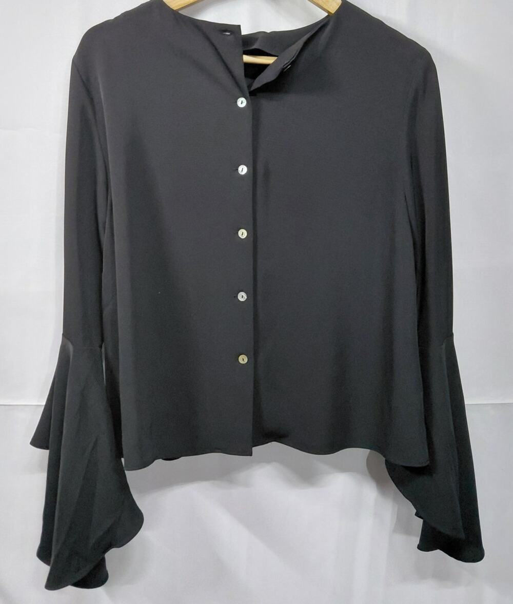 CARMEN Marc Valvo Black Button-Up Blouse Solid Long Sleeve Women Size 10